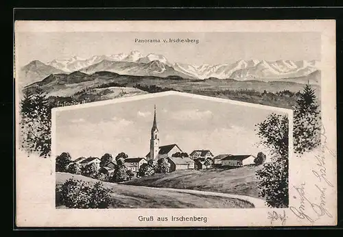 Künstler-AK Eugen Felle: Irschenberg, Panorama, Ortsansicht mit Kirche