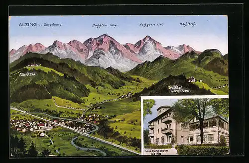 Künstler-AK Eugen Felle: Alzing, Ortsansicht mit Umgebung, Genesungsheim Alzing