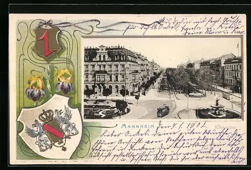 Passepartout-Lithographie Mannheim, Teilansicht mit Hotel National, Wappen, Blumen