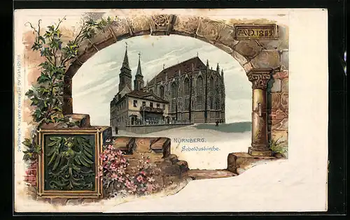 Passepartout-Lithographie Nürnberg, Sebalduskirche hinter altem Tordurchgang