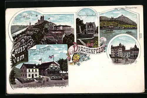 Lithographie Königswinter, Hotel und Restaurant zum Drachenfels, Ruine Drachenfels, Chorruine Heisterbach