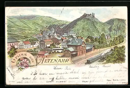 Lithographie Altenahr, Ortsansicht mit Burg und Bahnhof