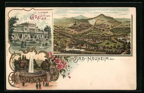 Lithographie Bad Nauheim, Gesamtansicht, Springbrunnen, Kurhaus