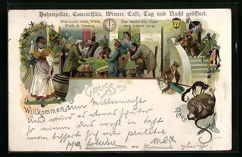 Lithographie Hamburg-Neustadt, Gasthaus Hohenzoller Concertsäle, Alter Steinweg Ecke Grossneumarkt