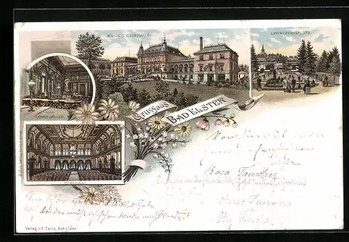 Lithographie Bad Elster, Neues Curhaus, Lawntennisplatz