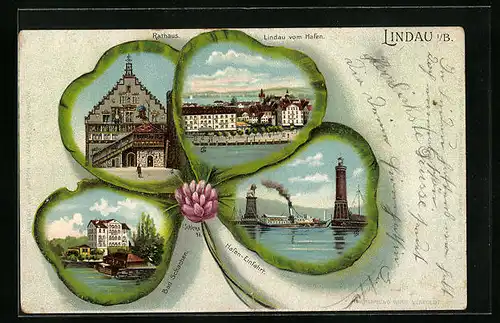 Passepartout-Lithographie Lindau i. B., Ortsansicht vom Hafen, Hafen-Einfahrt, Bad Schachen im Kleeblatt