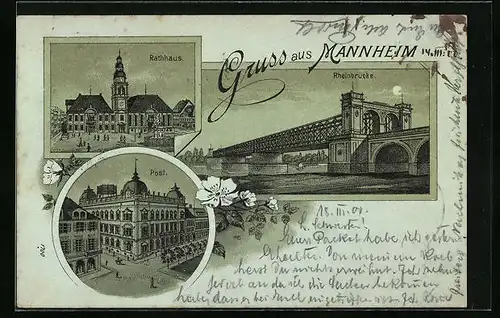 Foto-AK Mannheim, Rheinbrücke, Rathhaus, Post