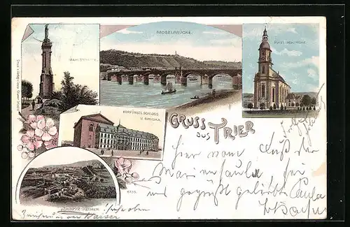 Lithographie Trier, Moselbrücke, Römische Thermen, Paulinskirche