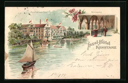 Lithographie Konstanz, Insel-Hotel - Ansicht vom See, Kreuzgang