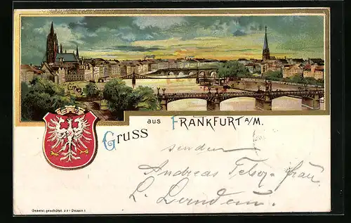 Lithographie Frankfurt a. M., Panorama mit Brücken, Stadtwappen