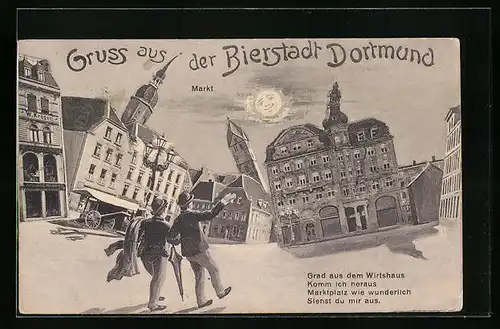 Künstler-AK Dortmund, Marktplatz aus der Sicht eines Betrunkenen