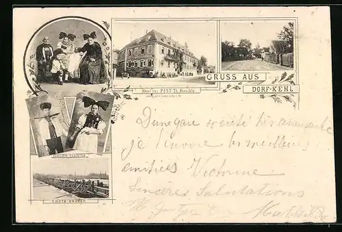 AK Dorf-Kehl, Hotel zur Post, Hanauer Trachten, Rhein-Brücke