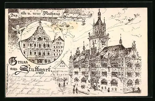Künstler-AK Stuttgart, Das alte und neue Rathaus