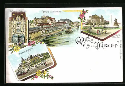 Lithographie Dresden, Helbigs Etablissement, Steinemanns Bazar, Ausstellungspalast