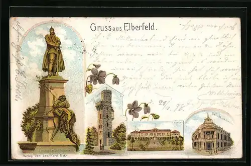 Lithographie Elberfeld, Denkmal Friedrich III., Haardt, Berg. Märk. Bank