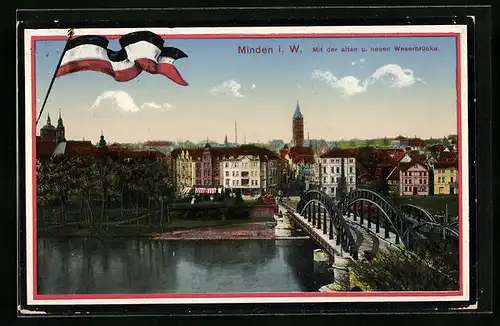 AK Minden i. W., Ansicht mit der alten und neuen Weserbrücke