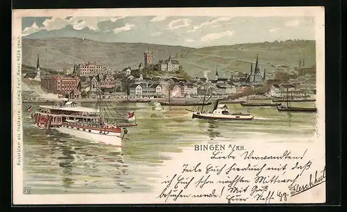 AK Bingen /Rhein, Ortsansicht mit Rheinpartie und Dampfschiffen