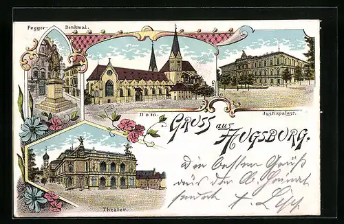 Lithographie Augsburg, Dom, Justizpalast, Fugger-Denkmal, Theater