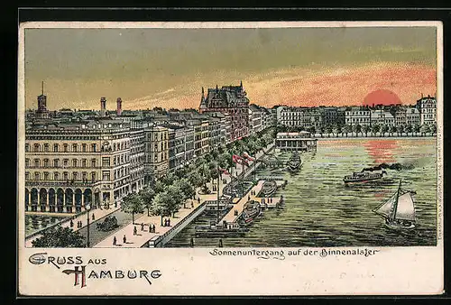 Lithographie Hamburg, Sonnenuntergang auf der Binnenalster