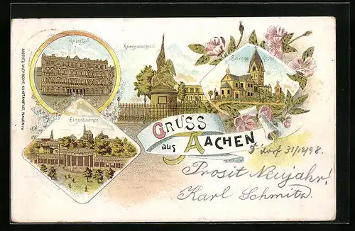 Lithographie Aachen, Kriegerdenkmal, Salvator-Kirche, Kaiserbad, Elisenbrunnen