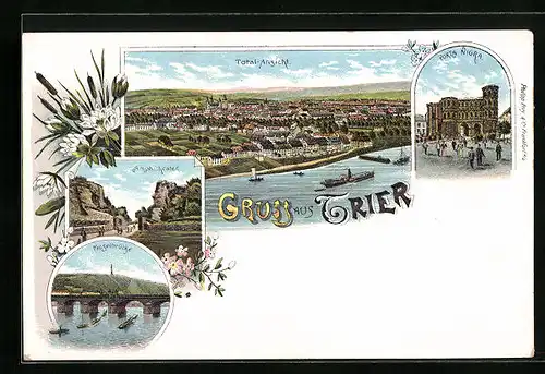 Lithographie Trier, Ortsansicht aus der Vogelschau, Porta Nigra, Moselbrücke