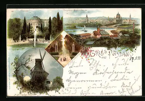 Lithographie Potsdam, Sanssouci, Panorama, Historische Mühle