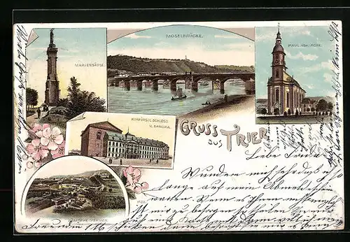 Lithographie Trier, Mariensäule, Moselbrücke, Römische Thermen
