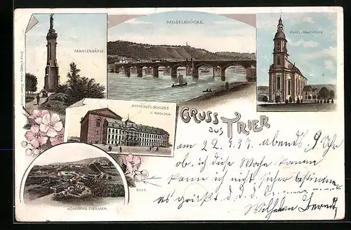 Lithographie Trier, Moselbrücke, Mariensäule, Paulinskirche