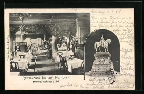 AK Hamburg, Restaurant Menzel in der Hermannstrasse - Speiseraum, Kaiser Wilhelm-Denkmal