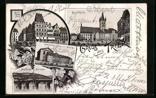 Lithographie Trier, Hotel Rothes Haus, Gangolfskirche, Kurfürstliches Schloss und Basilika