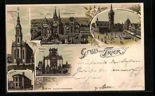 Lithographie Trier, Marktplatz und Hotel Rothes Haus, Teilansicht mit Dom und Liebfrauenkirche