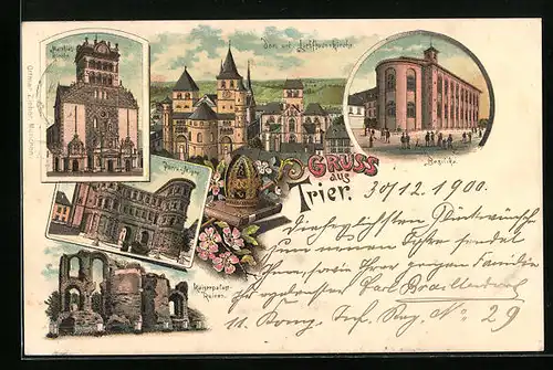 Lithographie Trier, Kaiserpalast-Ruinen, Basilika, Dom und Liebfrauenkirche