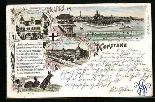 Lithographie Konstanz, Panorama mit Bodensee, Oberpostdirektion und Bahnhof, Rathaushof