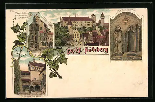 Lithographie Nürnberg, Wasserhof im Germanischen Museum, Schlosshof mit Linde, Burg