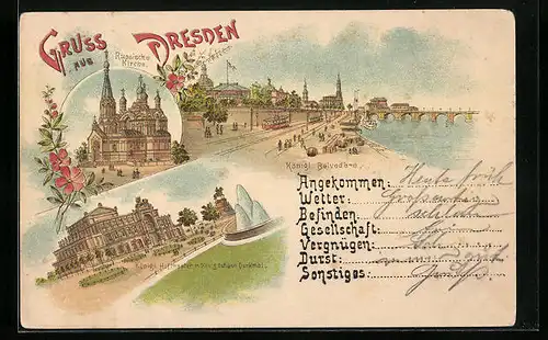 Vorläufer-Lithographie Dresden, 1894, Belvedere, Hoftheater, Russische Kirche
