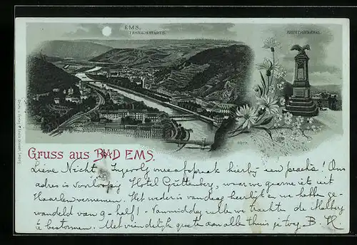 Mondschein-AK Bad Ems, Ortsansicht Lahnaufwärts, Kriegerdenkmal