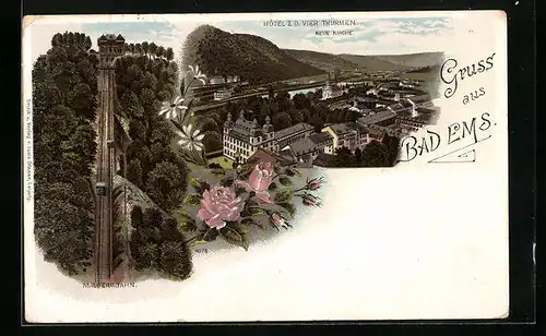 Lithographie Bad Ems, Hotel zu den Vier Thürmen und Neue Kirche aus der Vogelschau, Malbergbahn