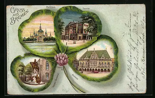 Passepartout-Lithographie Bremen, Parkhaus, Theater, Rathaus und Kaiser-Denkmal im Kleeblatt