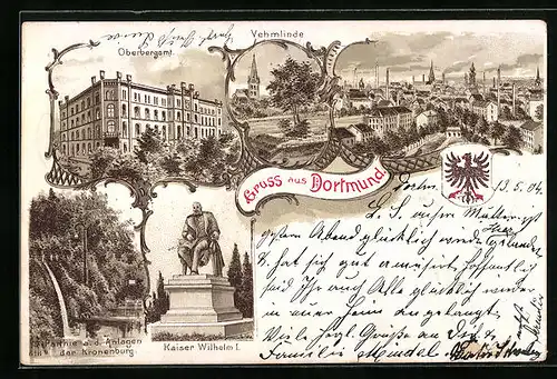 Lithographie Dortmund, Vehmlinde, Oberbergamt, Ortsansicht, Wappen