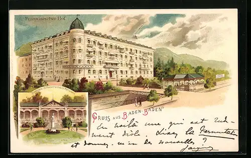 Lithographie Baden-Baden, Hotel Französischer Hof, Trinkhalle mit Kaiser Wilhelm Monument