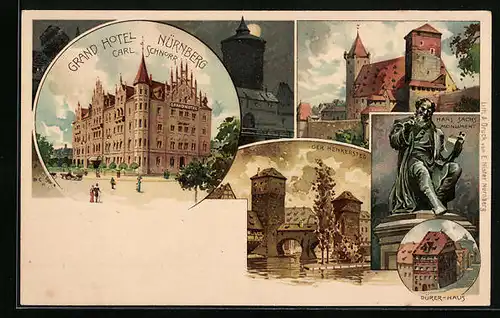 Lithographie Nürnberg, Grand Hotel, Hans Sachs Monument, Henkersteg