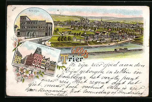 Lithographie Trier, Hotel Rotes Haus, Porte Nigra, Ortsansicht aus der Vogelschau