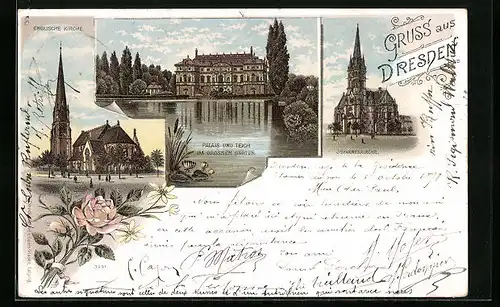 Lithographie Dresden, Englische Kirche, Palais und Teich im grossen Hafen