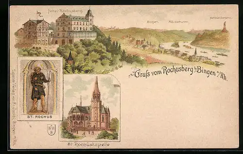 Lithographie Bingen /Rh., Hotel Rochusberg, St. Rochuskapelle, Ortsansicht