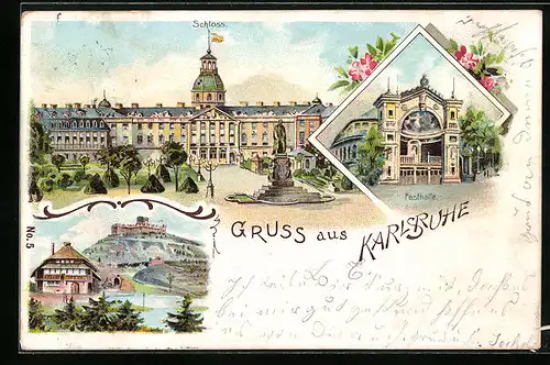 Lithographie Karlsruhe, Schloss mit Denkmal, Festhalle