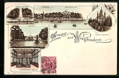Lithographie Wiesbaden, Kursaal und Musikpavillon, Kurhaus, Kochbrunnen-Quelle