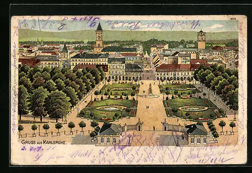 Lithographie Karlsruhe, Teilansicht mit Schlossgarten aus der Vogelschau