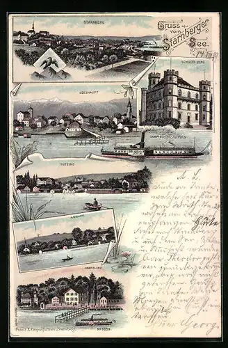 Lithographie Starnberg, Schloss Berg, Seehaupt, Tutzing, Starnberger See