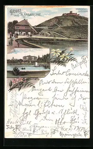 Lithographie Karlsruhe, Stadtgarten, See, Festhalle, Lauterberg