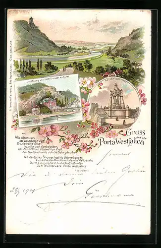 Lithographie Porta Westfalica, Jacobsberg und Hotel Grosser Kurfürst, Kaiser-Denkmal